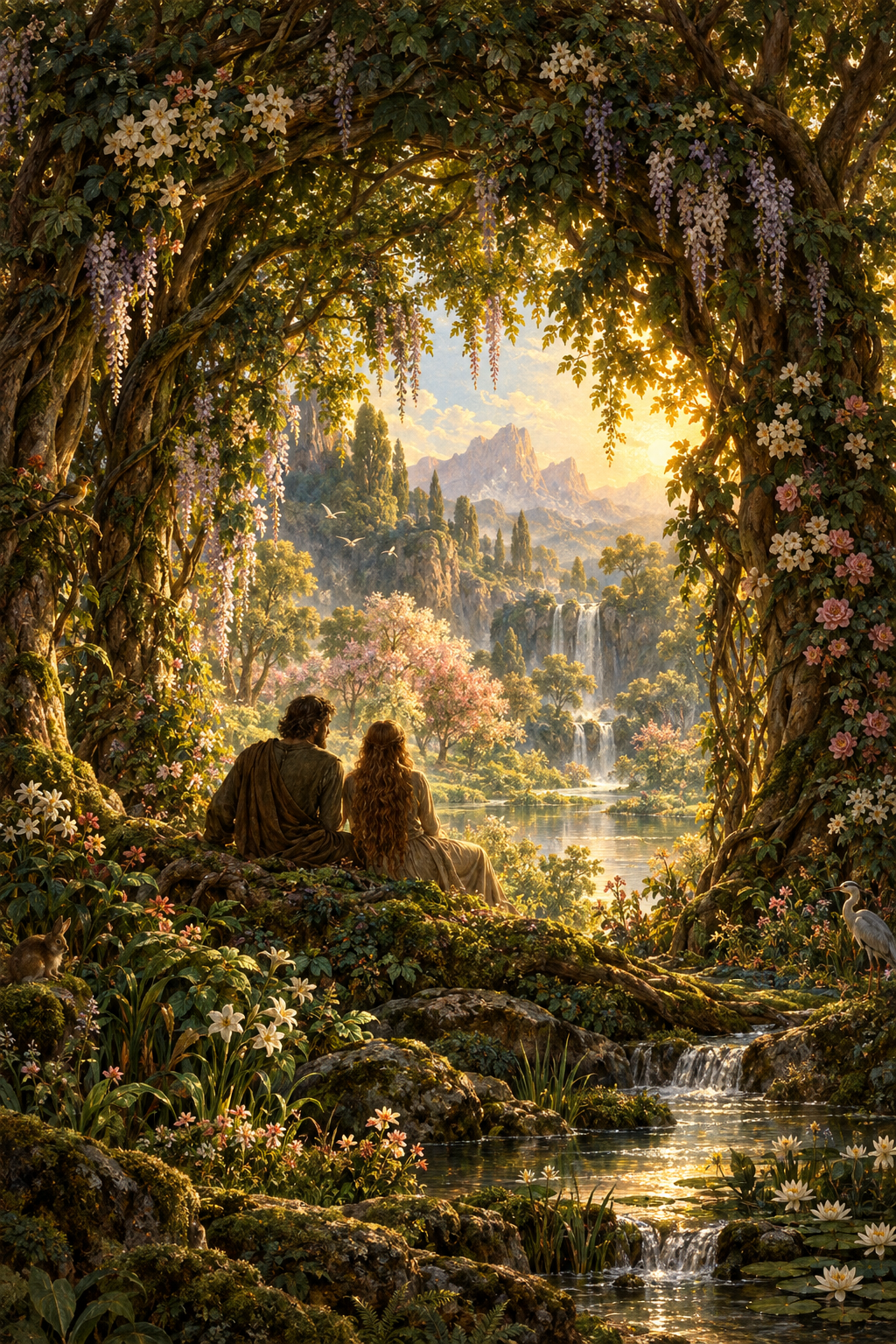 An imagined, richly coloured garden bower in Eden, with woven branches, flowers and warm shafts of light.
