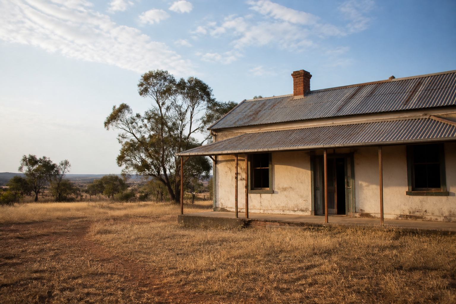 Weathered country house beside dry grass and eucalyptus trees