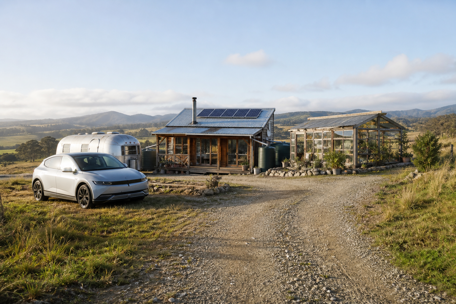 Small rural settlement with tiny home, caravan, greenhouse, rainwater tanks and solar panels