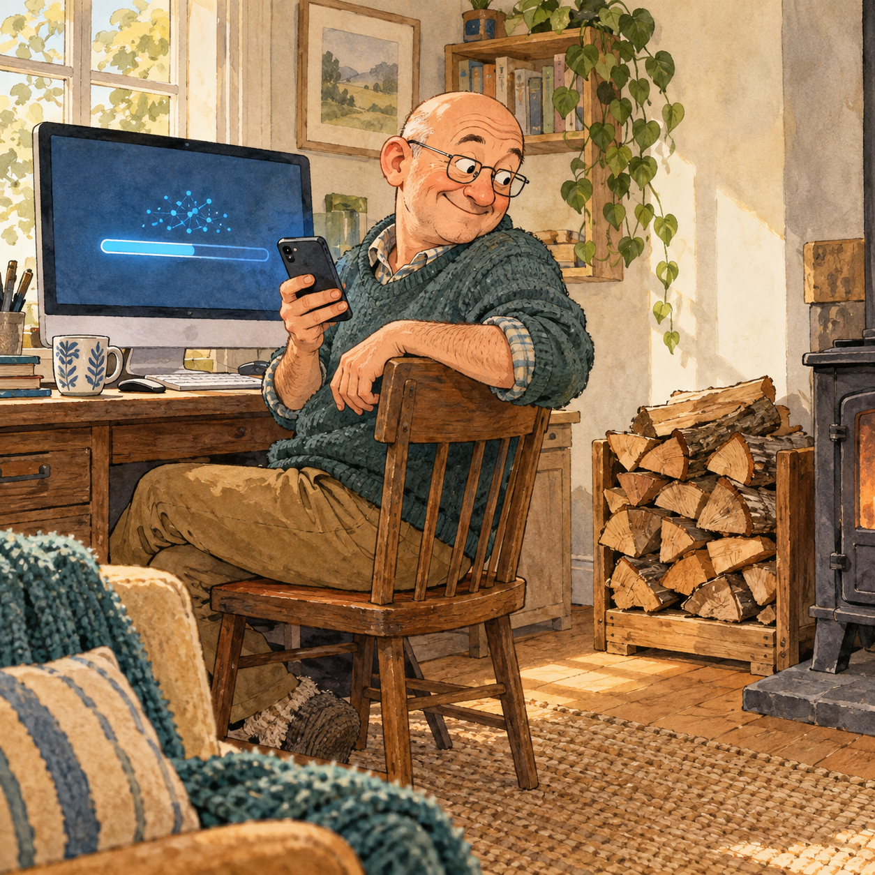 A friendly older man checks his phone beside a computer showing a task in progress, then glances toward a stack of firewood.