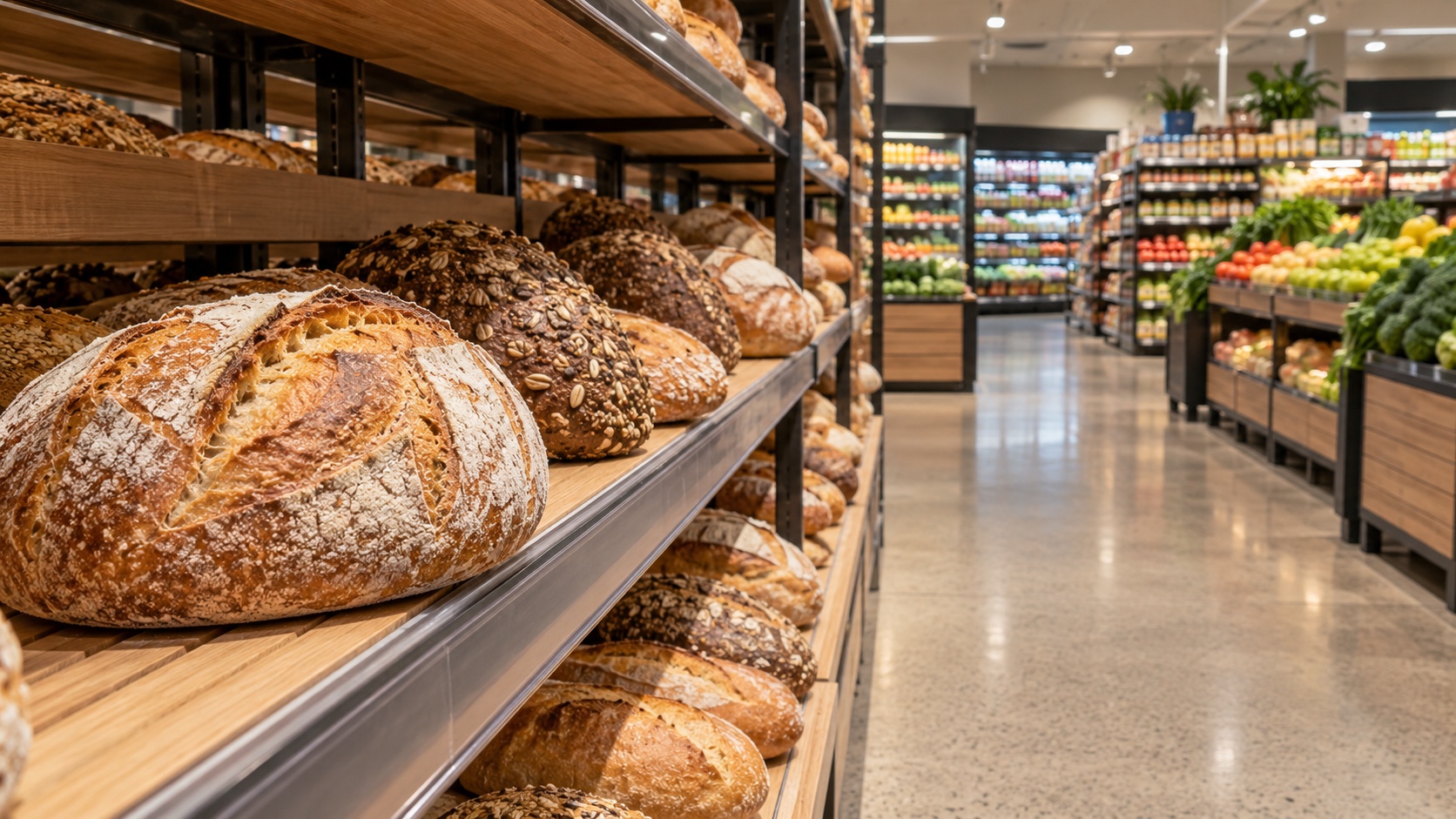 An unbranded loaf on a supermarket shelf, with other varieties and grocery aisles behind it.