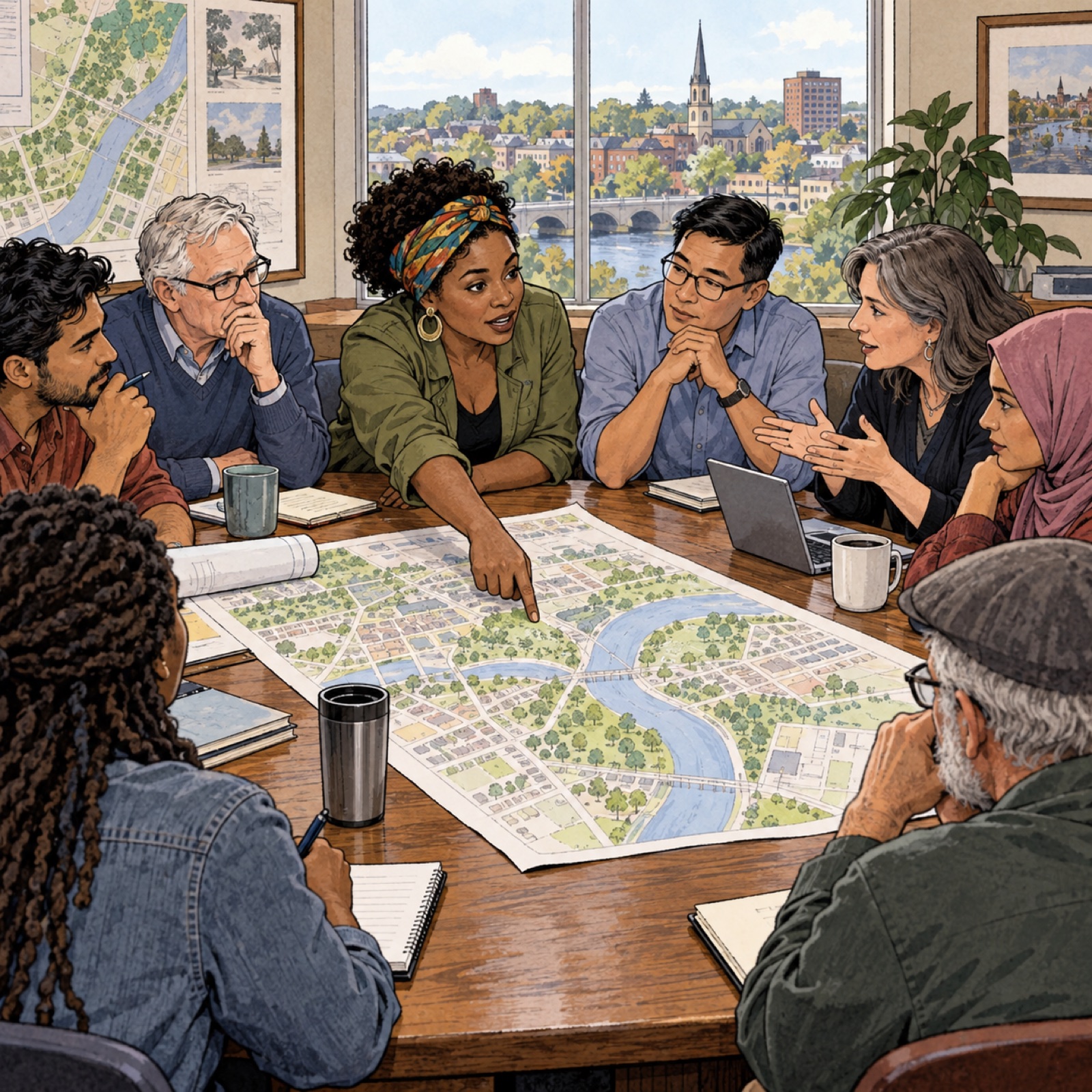 Residents discuss a shared plan around a map in an editorial cartoon.