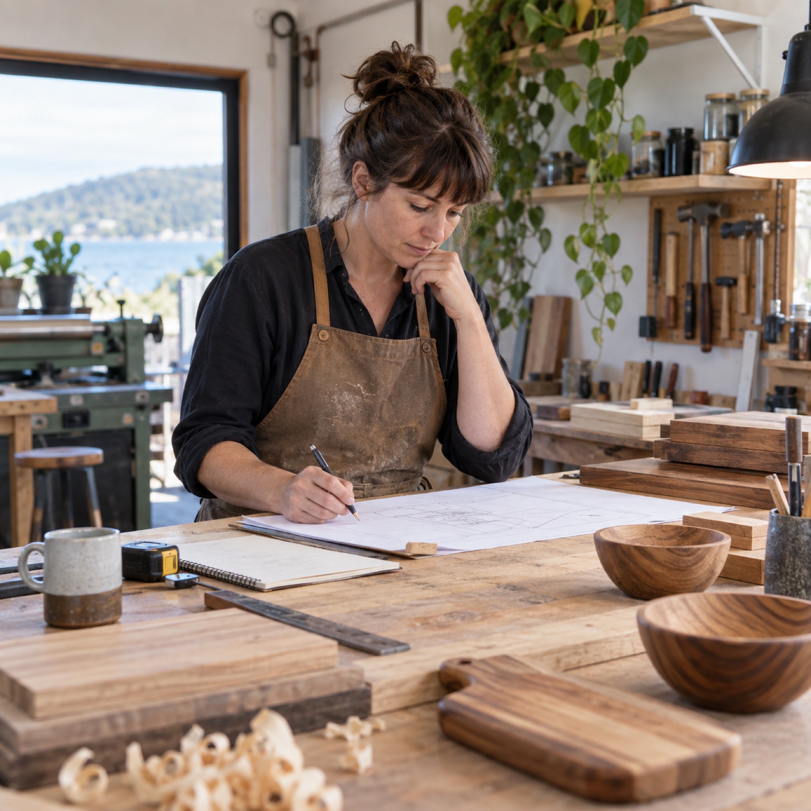 An independent craftsperson reviews a plan at a workbench.