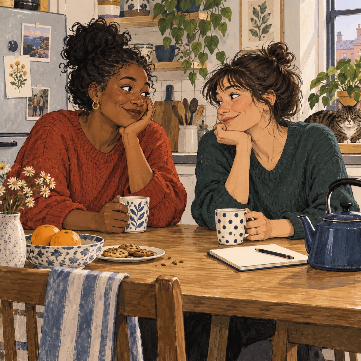 Two adult friends listen to each other at a kitchen table in an editorial cartoon.