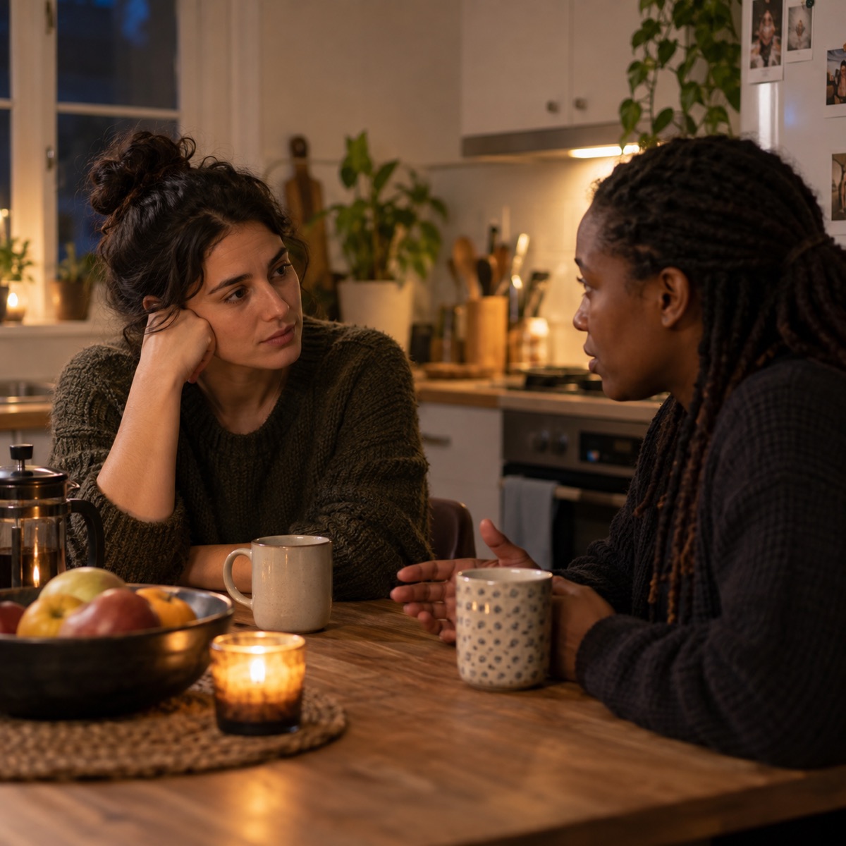 Two adult friends talk quietly at home over an evening cup of tea.
