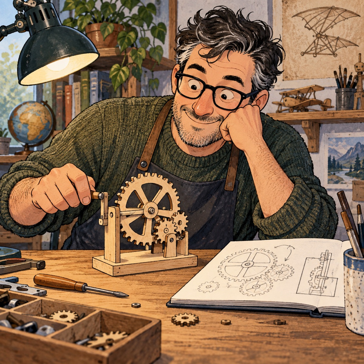 Illustrated hobbyist discovering how a mechanical model works