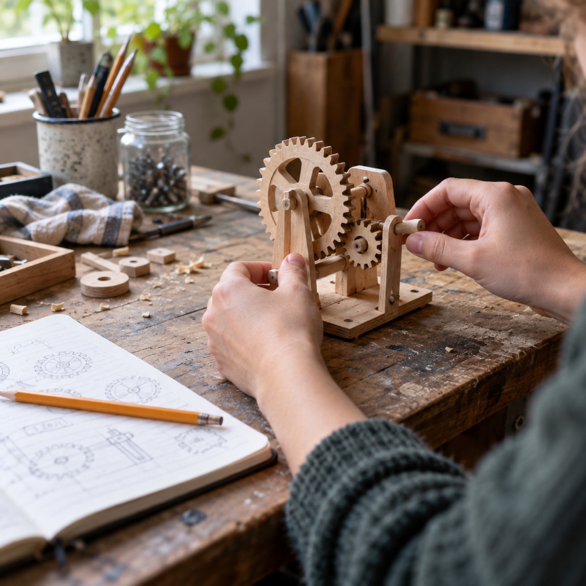 Hands testing a small mechanical model on a home workbench