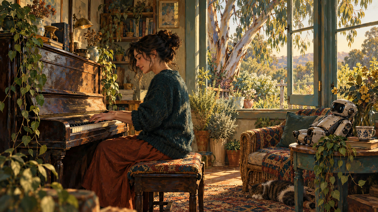 An adult woman plays an upright piano in a leafy sunroom, with no audience or performance pressure.
