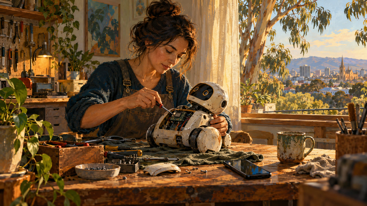 An adult woman uses a hand tool to inspect and repair a small household robot in a sunlit home workshop.