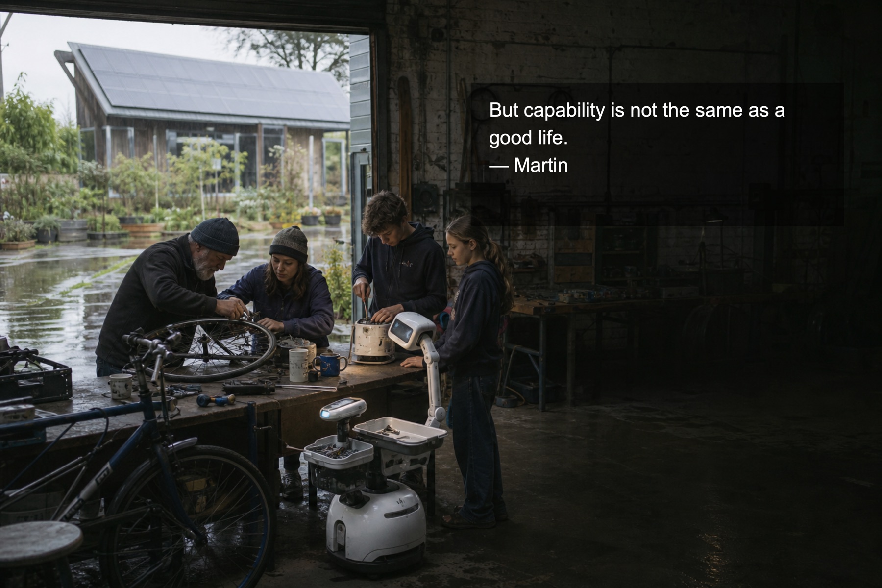 A rainy community repair workshop where people restore bicycles and appliances
