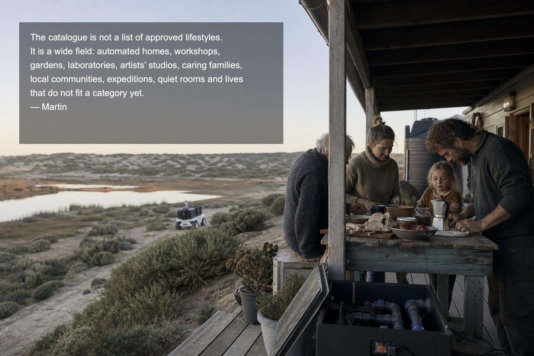 A family sharing breakfast beside a restored coastal wetland