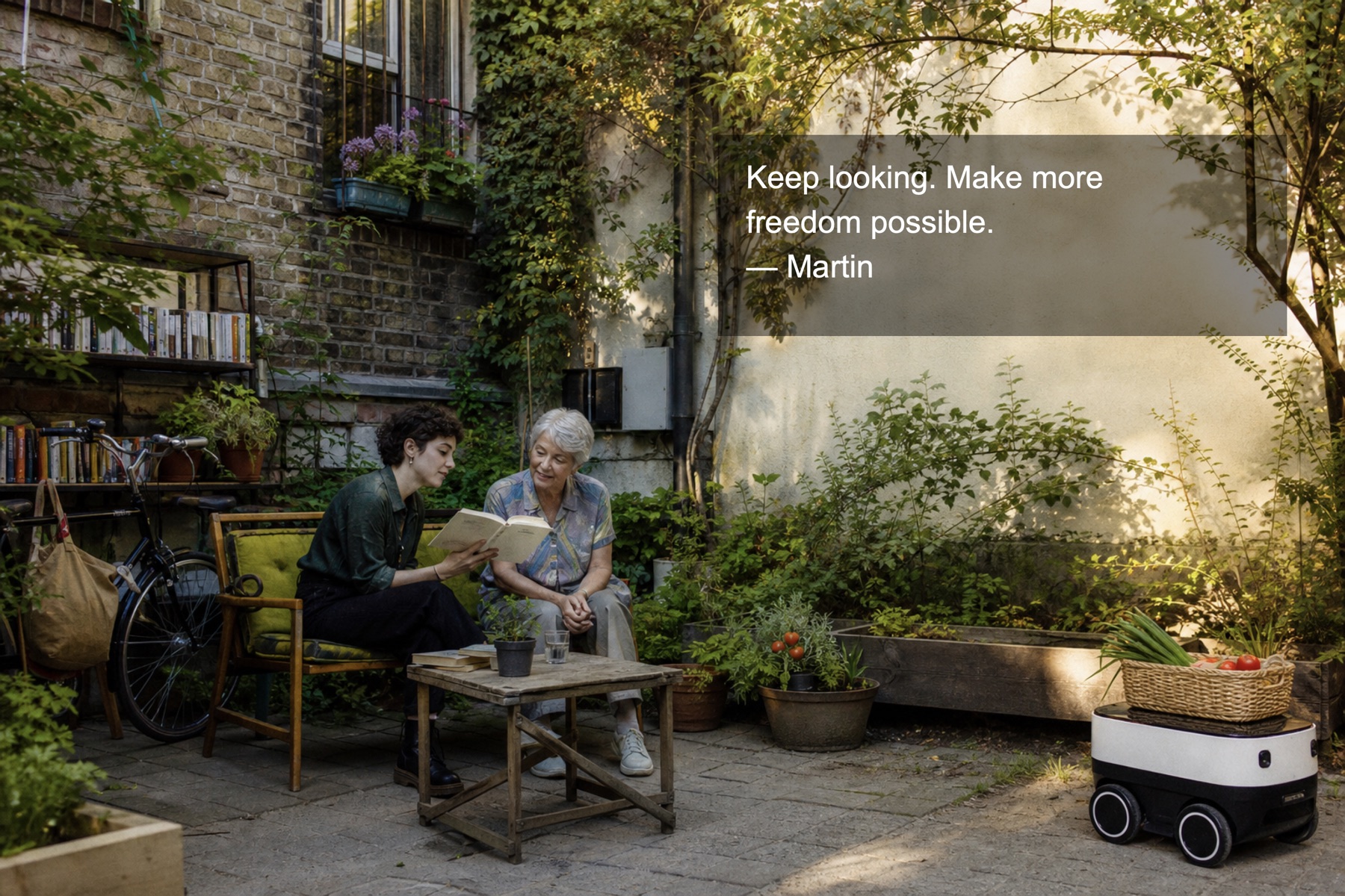 Two people reading together in a shared urban garden with a small delivery robot
