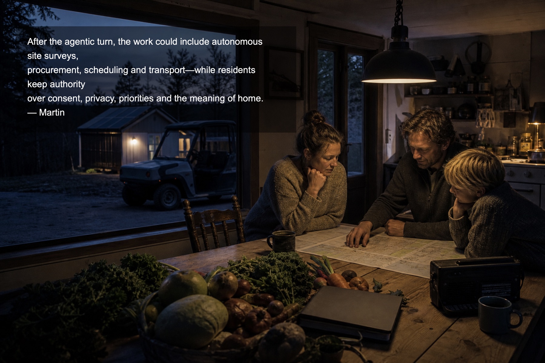 A family planning shared work around a kitchen table in a rural home