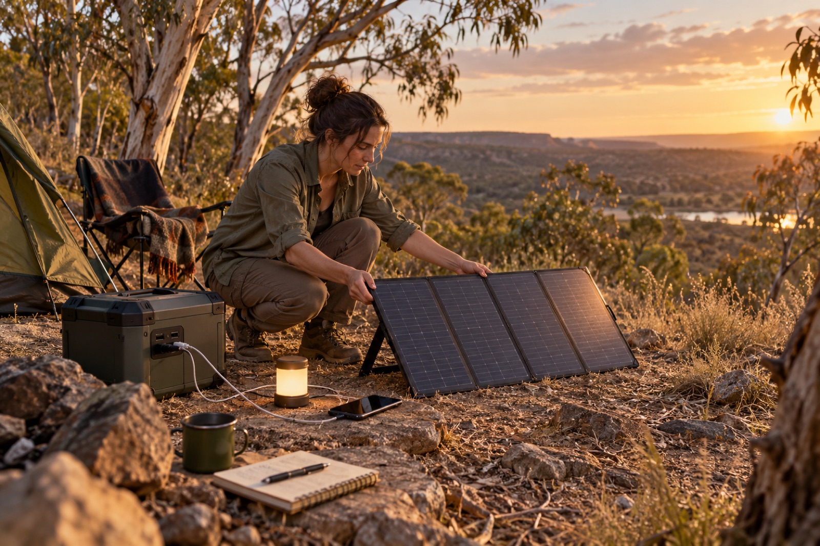 A camper sets out a folding solar panel beside a compact battery, charging a phone and lamp in the South Australian bush.