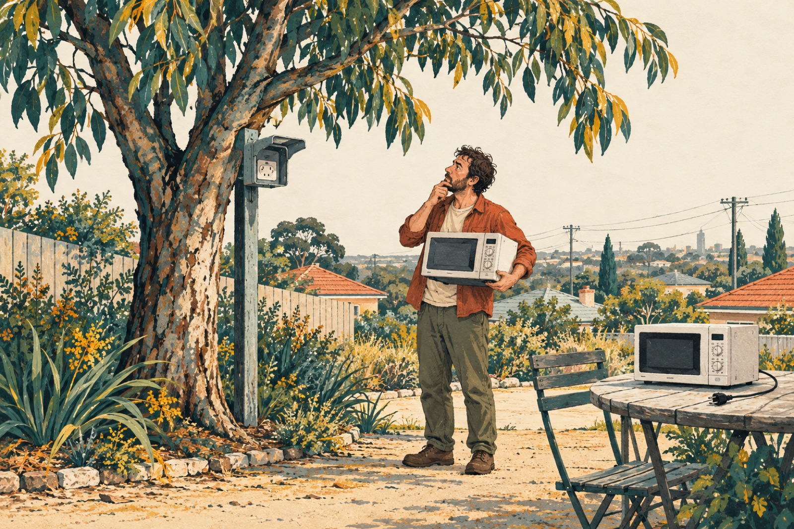A puzzled person carries a microwave toward an ordinary electrical outlet mounted beside a leafy tree.