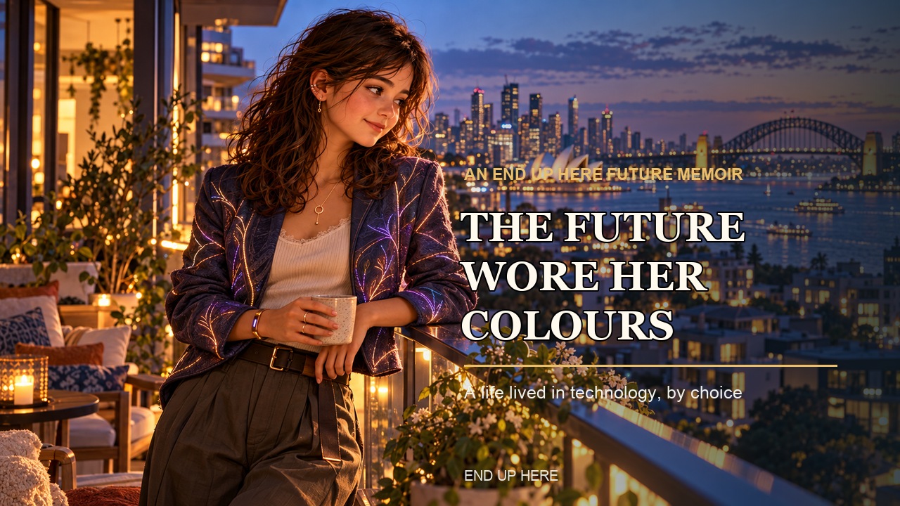 A fictional young woman in an illuminated jacket looks out over the lights of an Australian city.