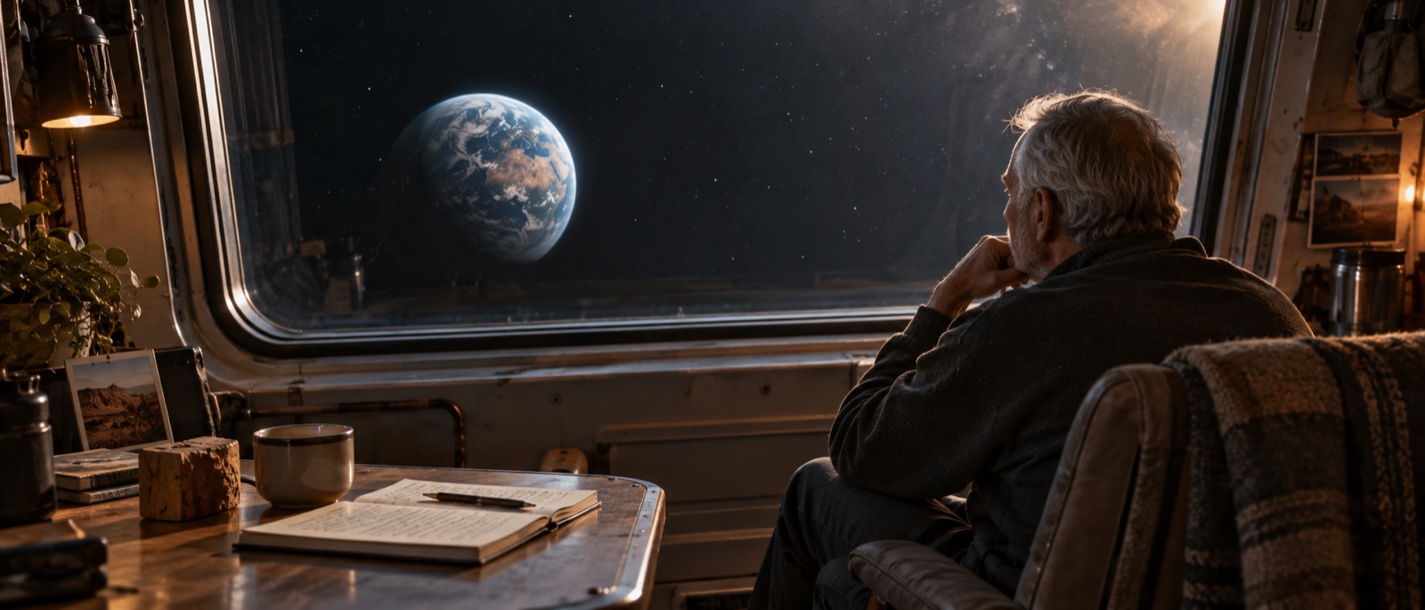 An older man sits by a starship window, looking back at Earth while an open notebook rests beside him.