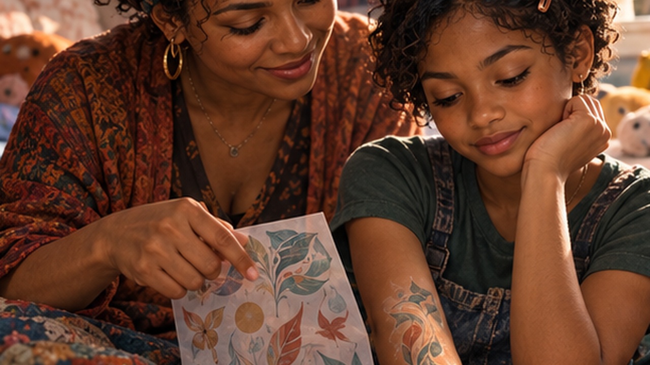 AI-generated illustration of fictional Mara at twelve, exploring a removable botanical decal with her aunt.