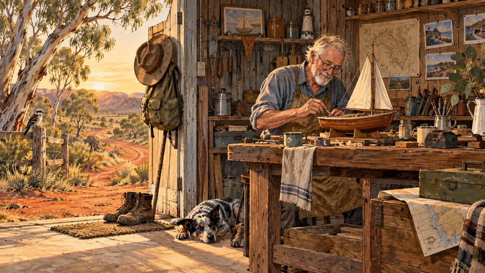 Editorial cartoon of a retired man building a model boat in a South Australian workshop, with a dog resting nearby and the open red-country landscape beyond.