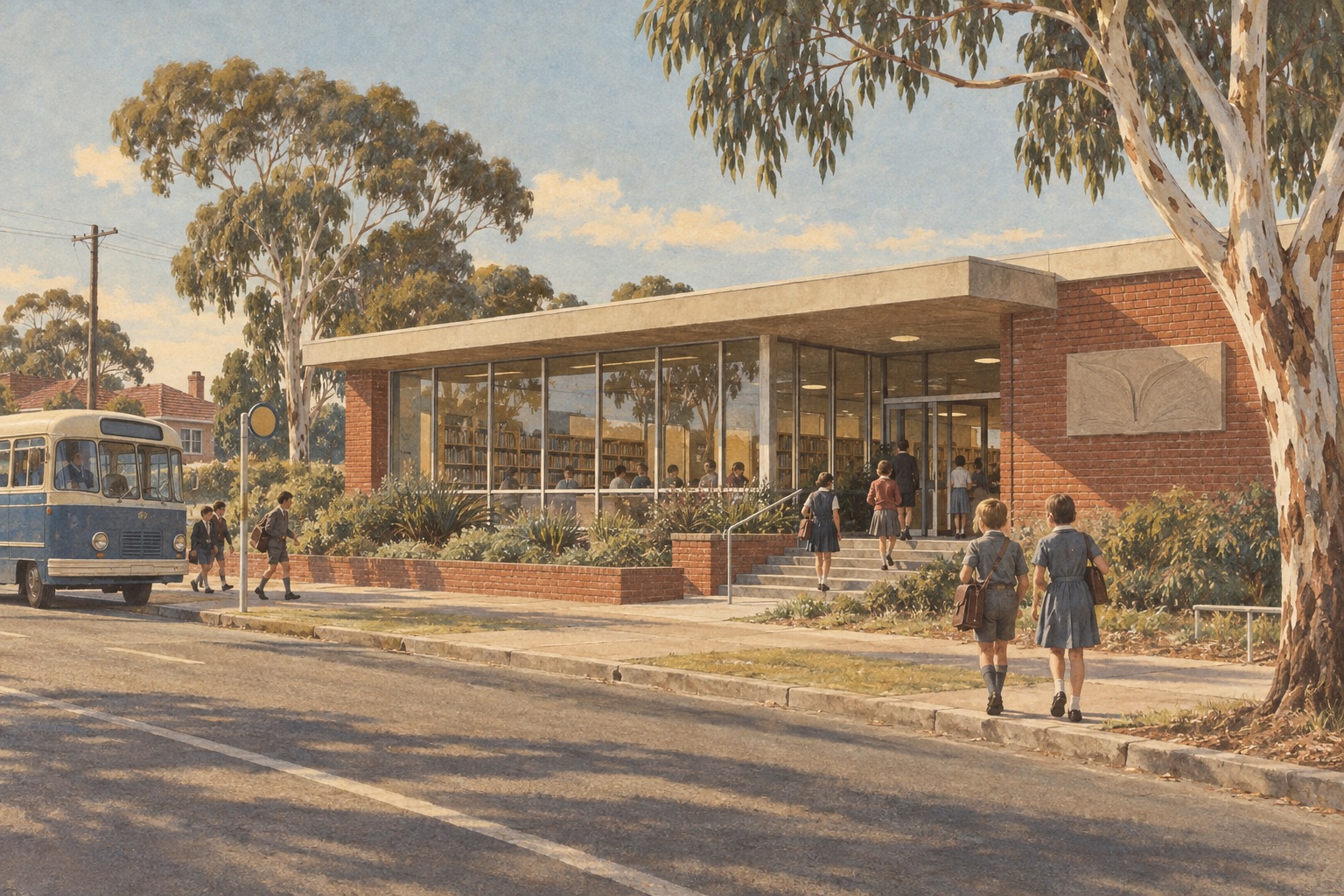 An original historical-style illustration of a welcoming modernist suburban library in Essendon, Melbourne, in the late 1960s