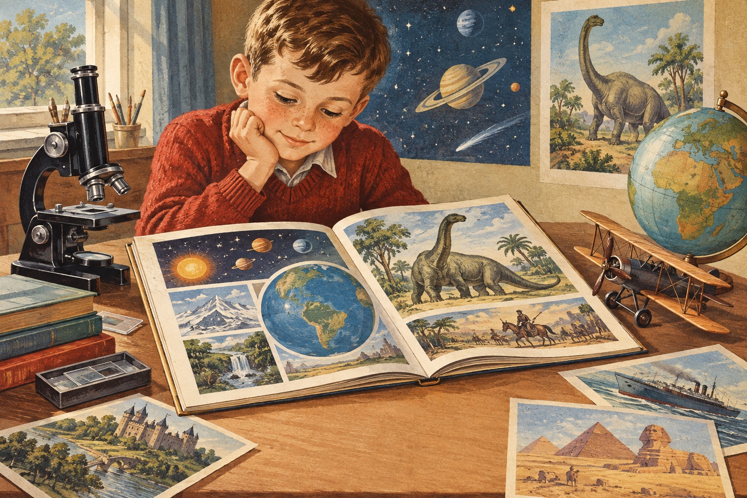 An original mid-century-style illustration of a child discovering science, history and the wider world around an open educational magazine