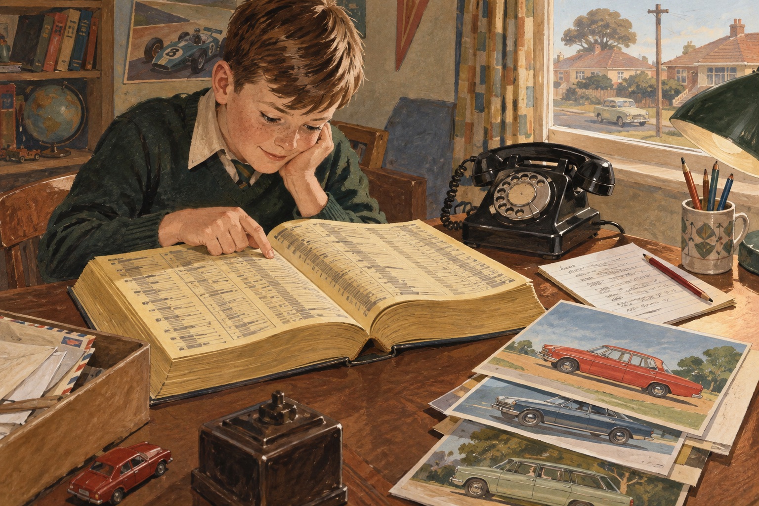 An original historical-style illustration of a late-1960s Melbourne telephone book, rotary telephone and car catalogues on a suburban desk