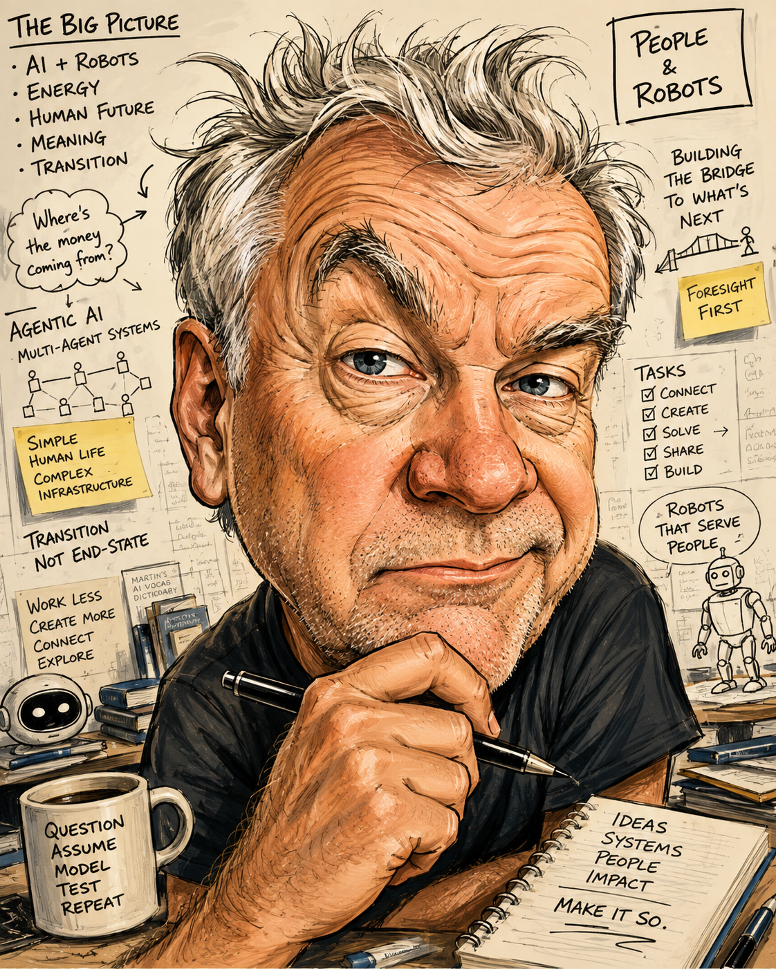 AI illustration of Martin Davies-Roundhill thinking with people and robots