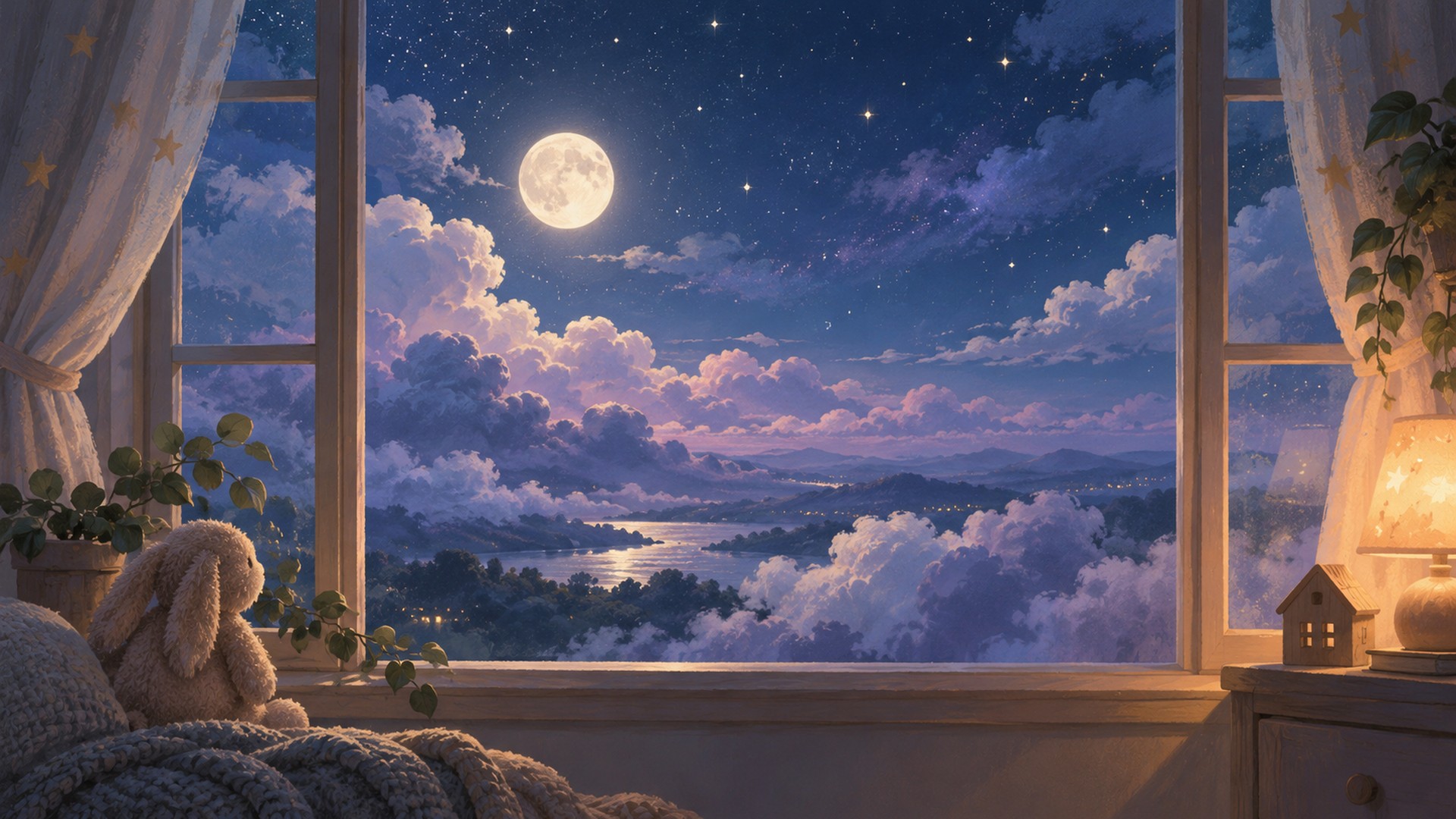 Moonlit clouds and a deep blue night sky, illustrated in a soft painterly style.