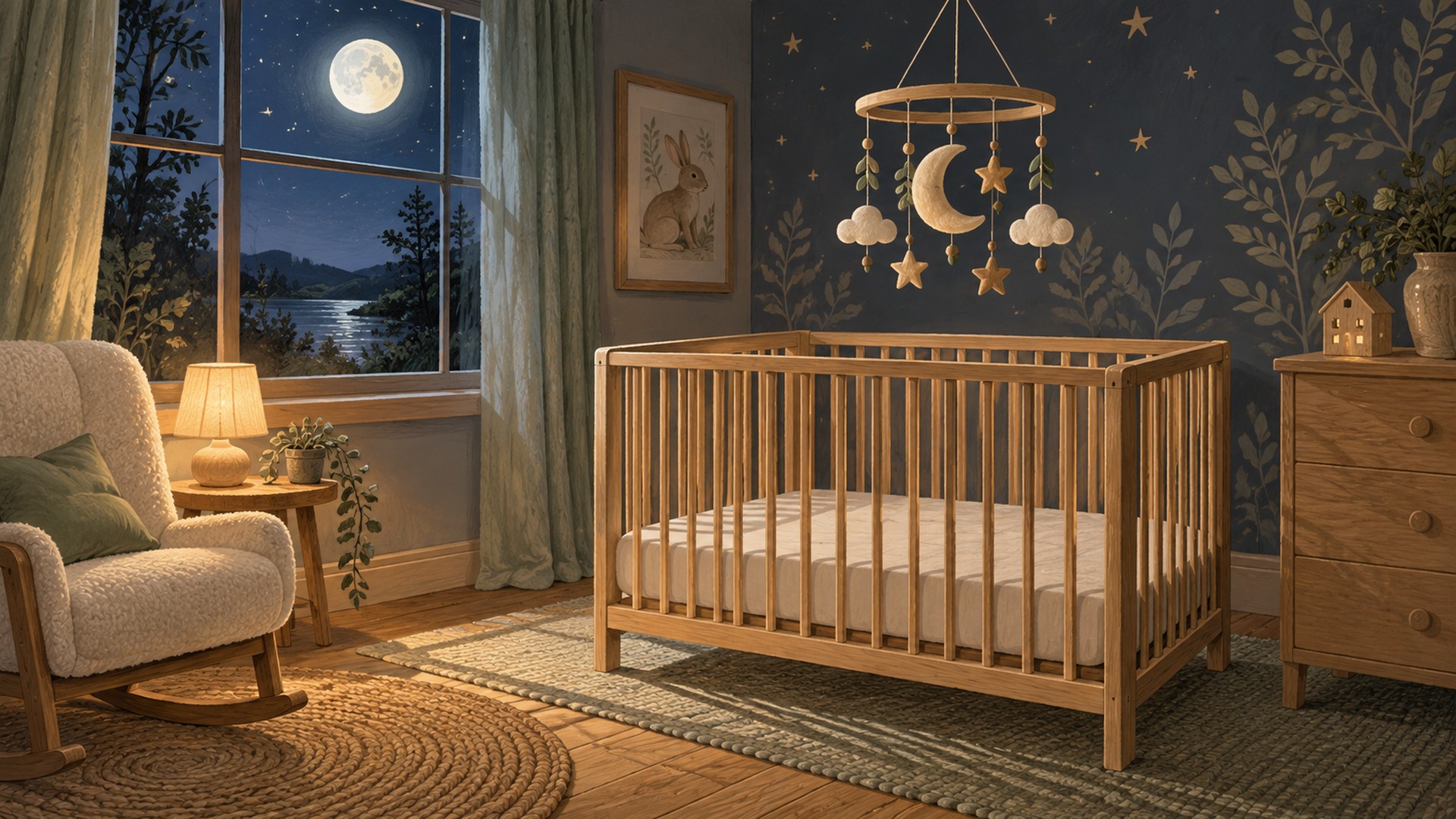 A handmade mobile hangs above an empty cot in a softly lit nursery.