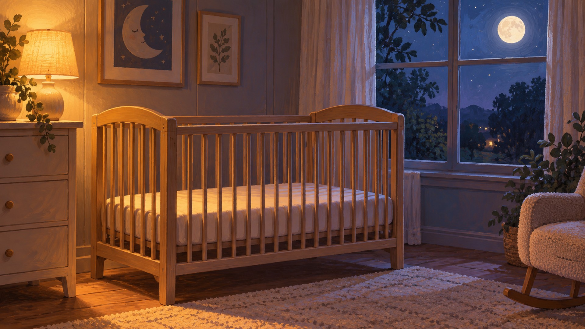 Storybook illustration of an empty cot in a warmly lit nursery at night.