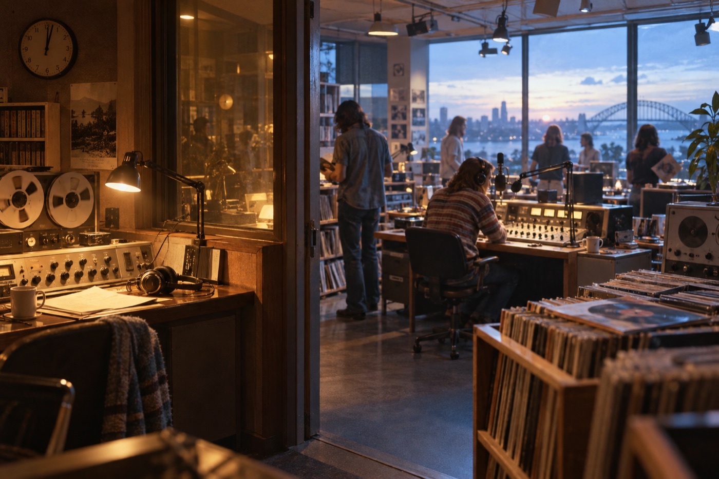 An intimate studio opens toward a new youth-radio studio at dawn