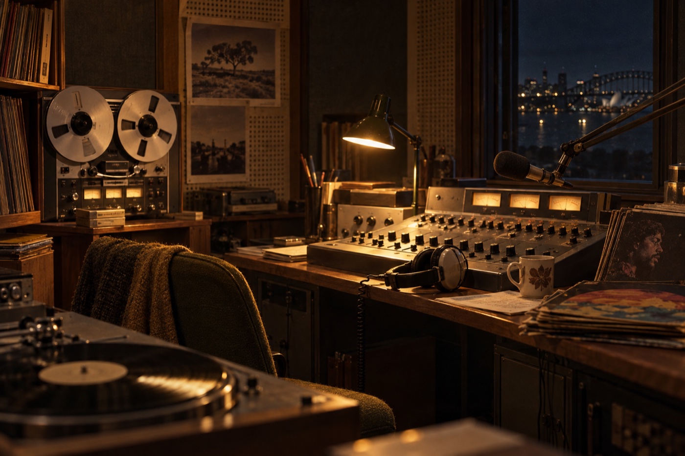 A period radio studio with reel-to-reel tape and a mixing desk at night