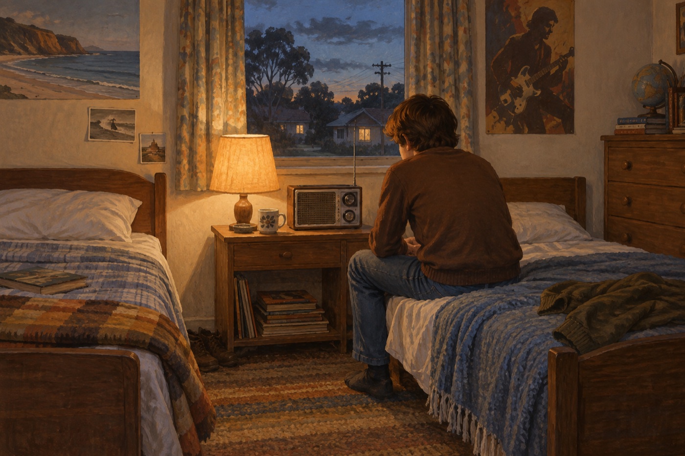 A teenage boy sits on one of two single beds in a suburban bedroom, listening to the radio