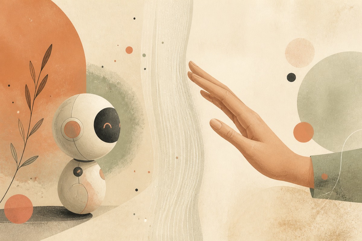 Abstract illustration of a human hand and a small mechanical form separated by a translucent privacy veil.