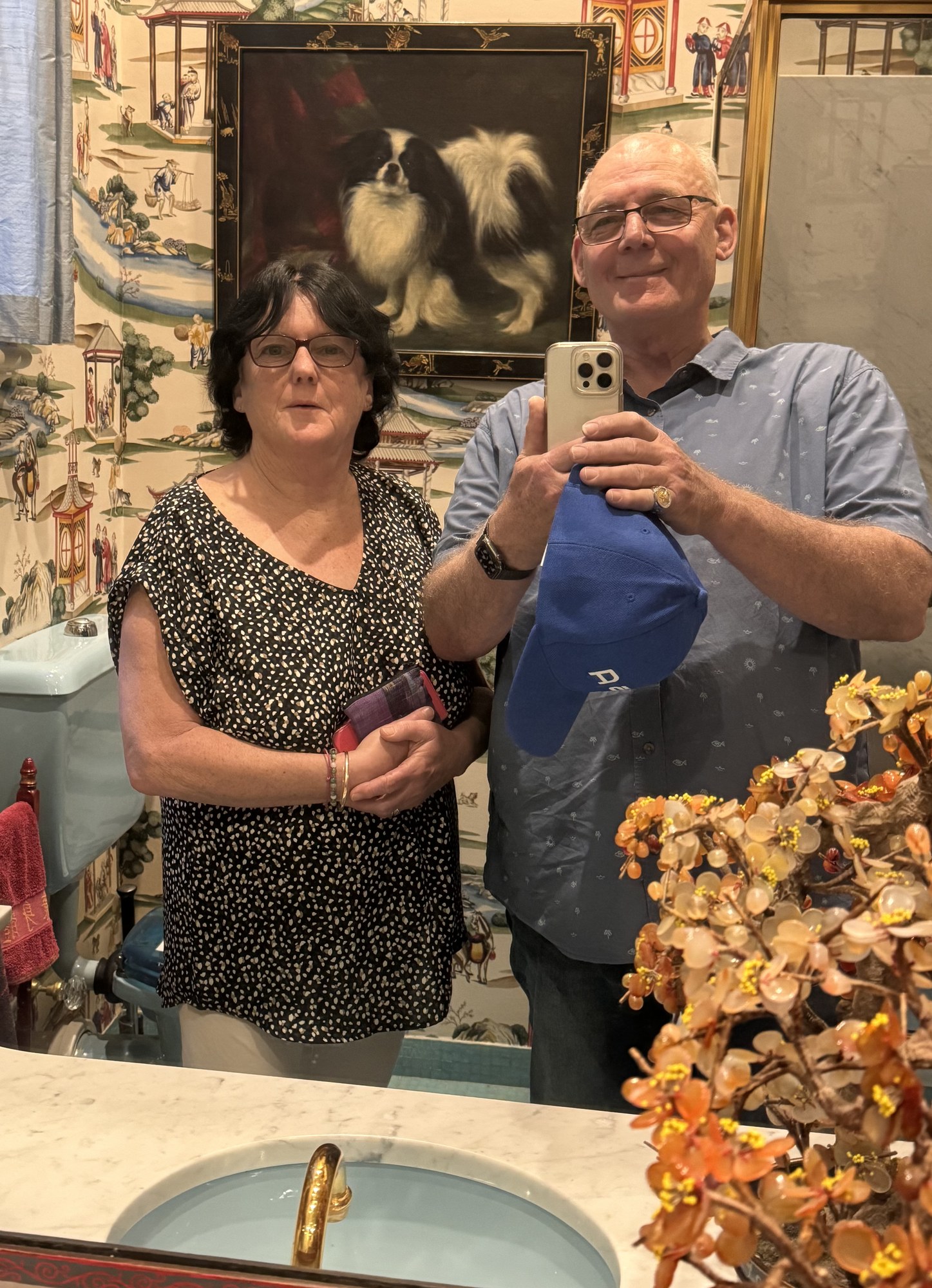 Julie with a relative during a day out in an ornate interior