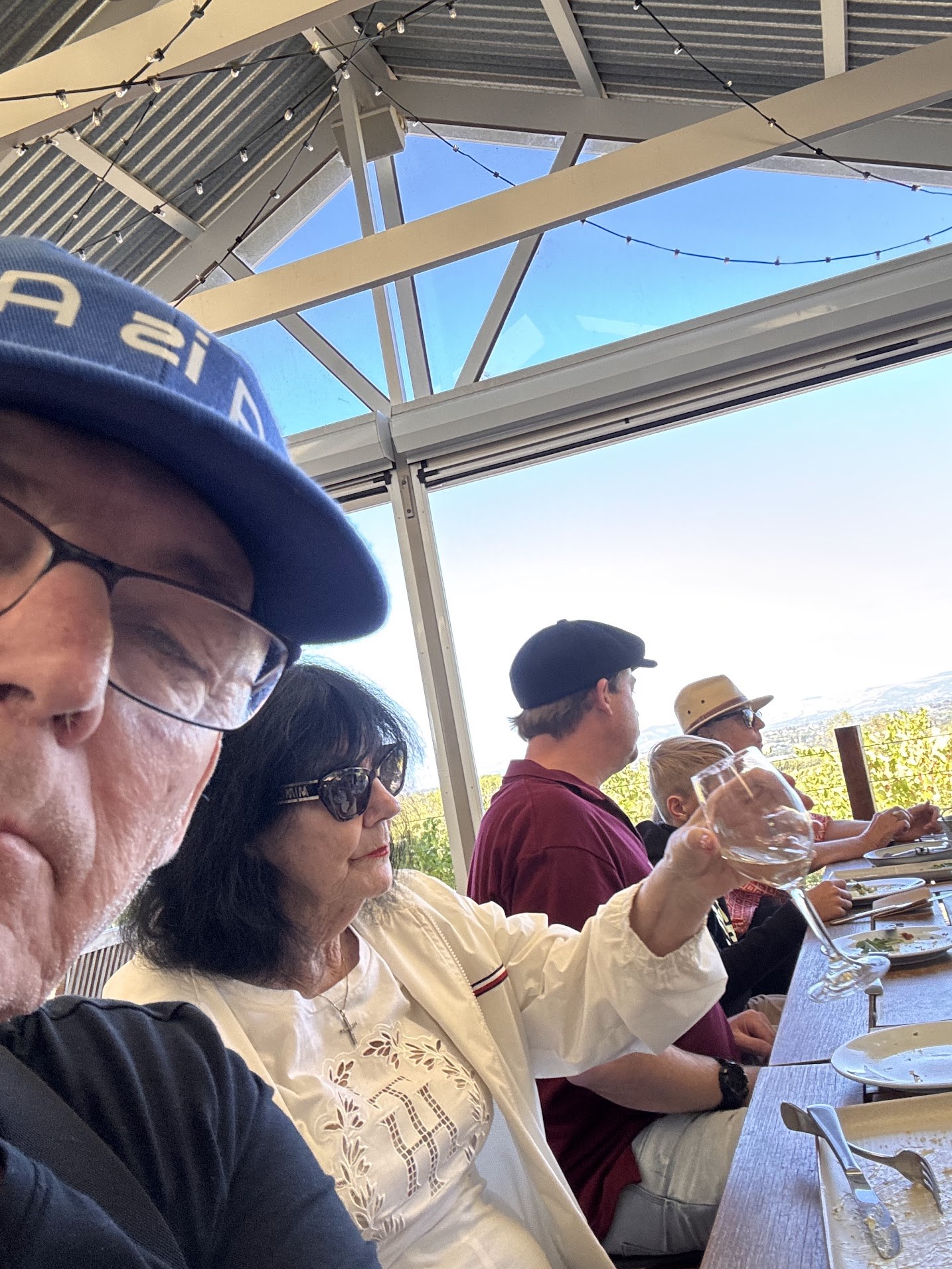 Martin at a table with several companions in McLaren Vale