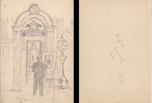 A 1916 pencil sketch showing Churchill painting inside Blenheim Palace