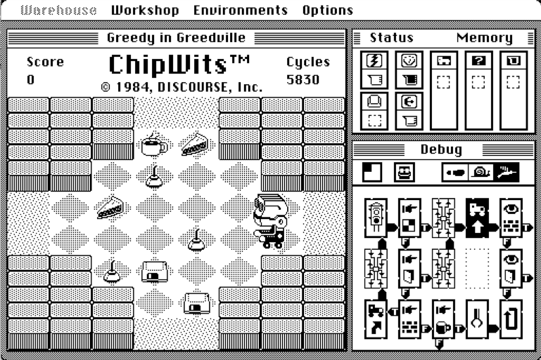 Black-and-white ChipWits game interface with a robot maze