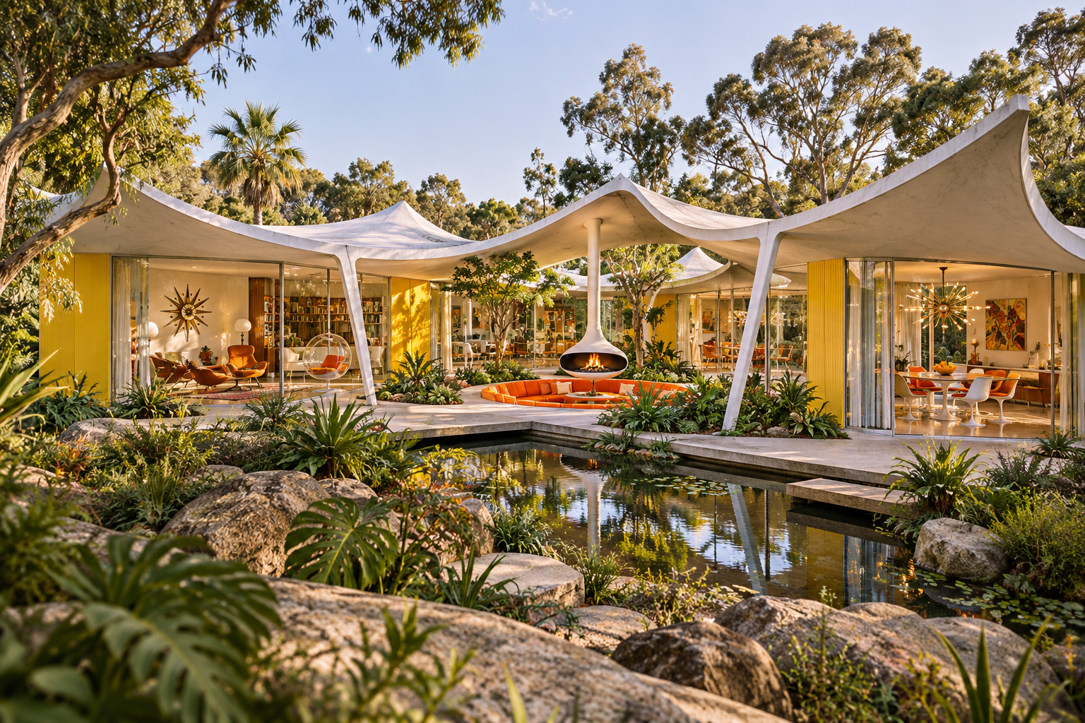 The Atomic Atrium: Saddle roofs and angled columns make a garden the heart of the home.