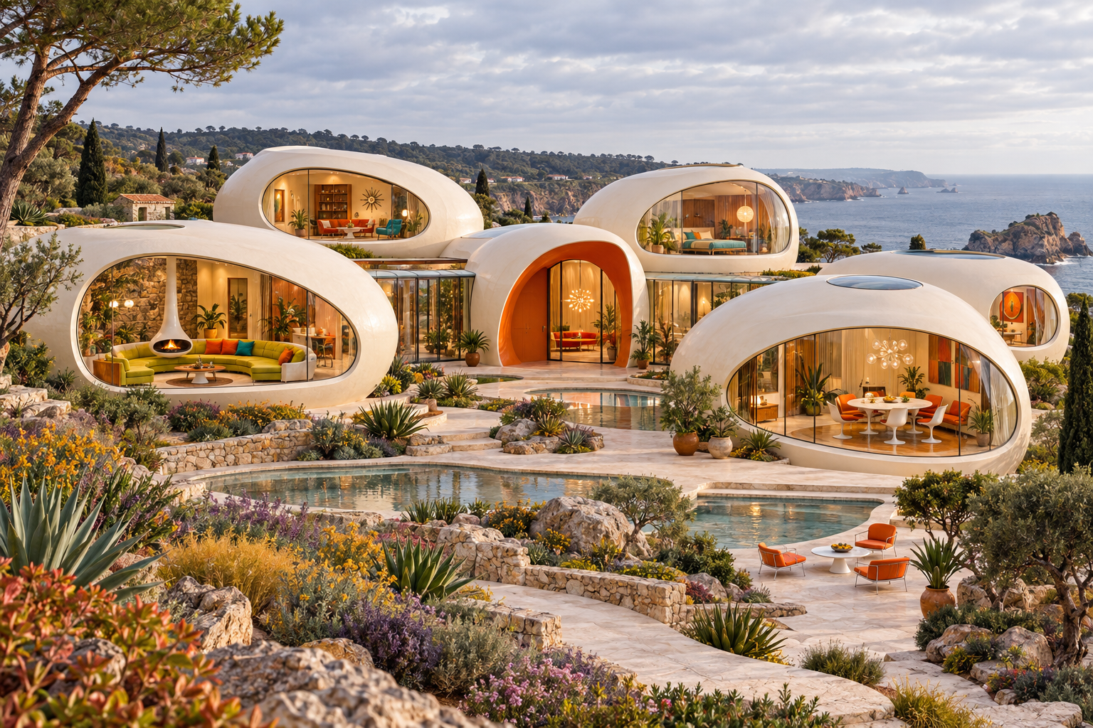 The Bubble Cluster: Soft, pod-like rooms cluster around a glass garden on the coast.