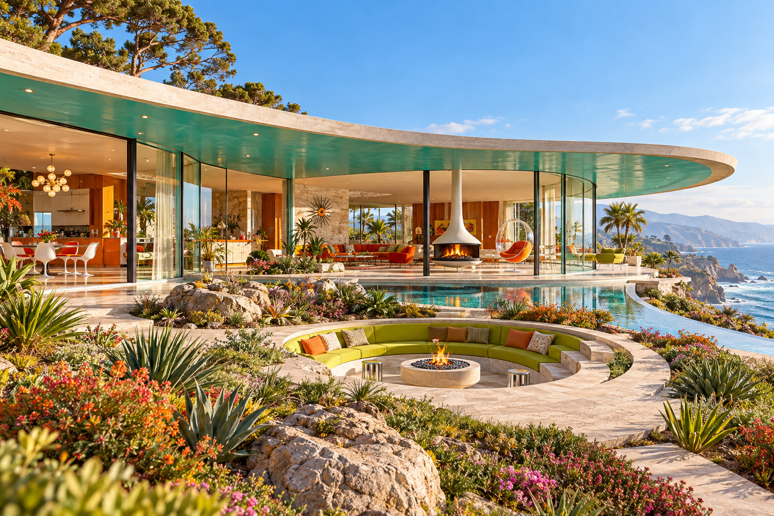 The Crescent House: A curved roof wraps a sheltered living room toward the ocean.