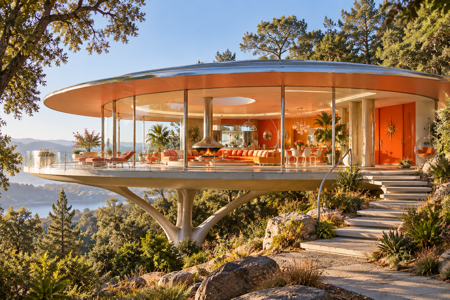 The Floating Disc: A round glass pavilion lifts above a wooded hillside on branching supports.