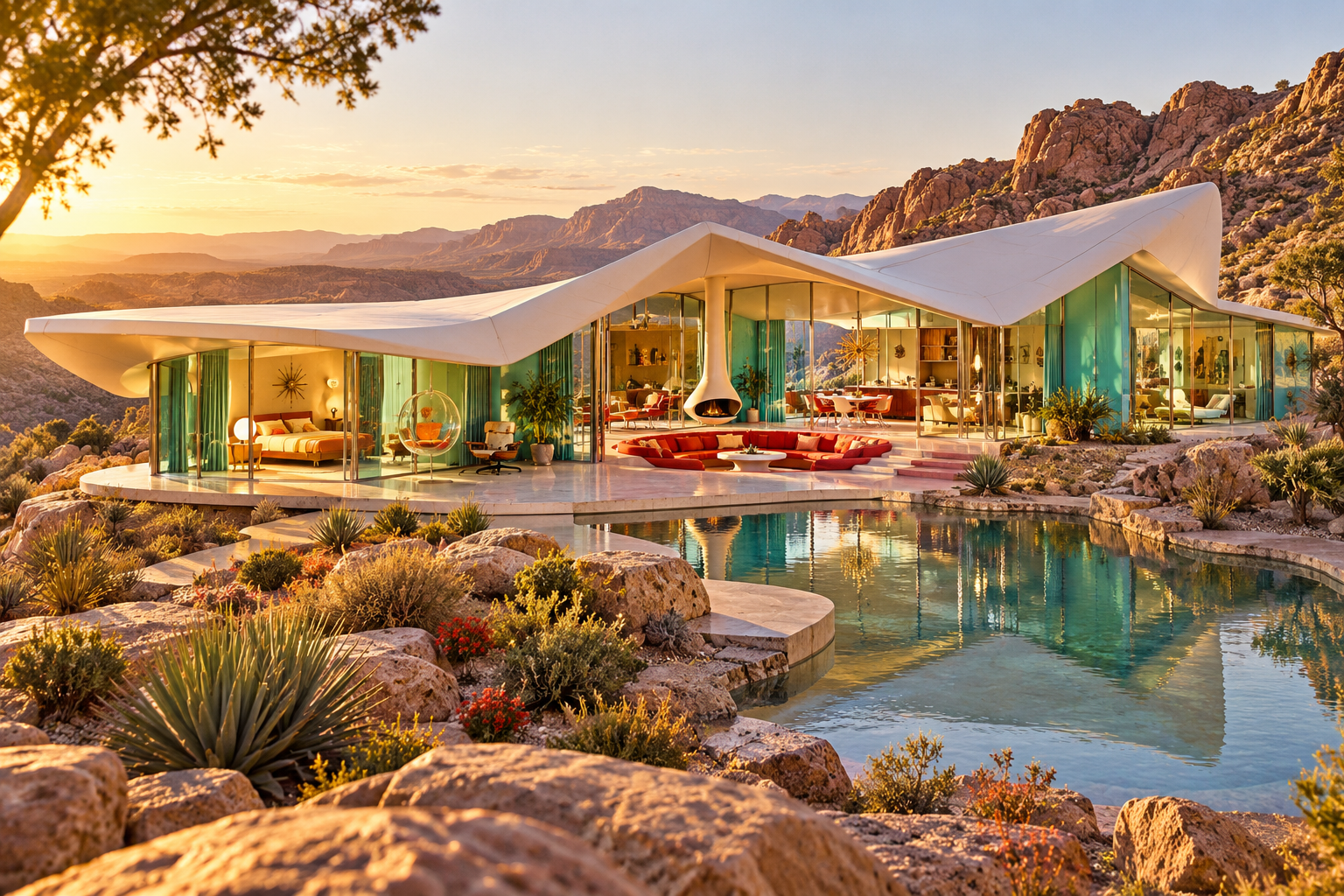 The Folded Ribbon: A flowing roof folds across desert rooms, framing the land and the light.