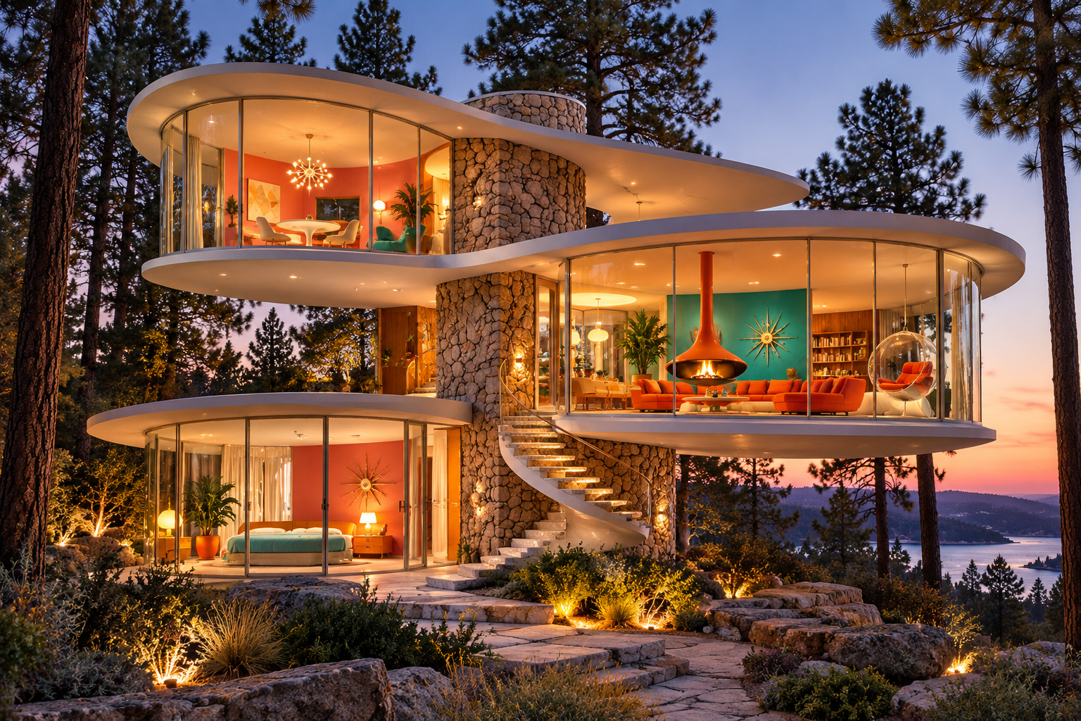 The Lantern Tower: Three glass pavilions step up a hillside around a stone stair.