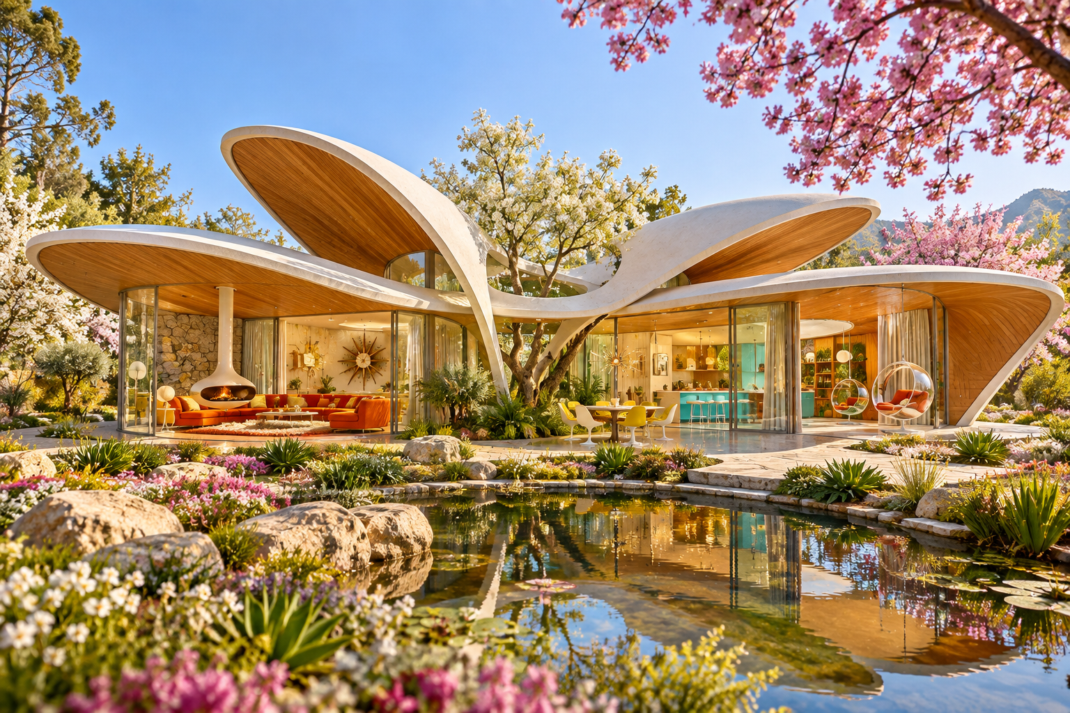 The Petal House: Five timber-lined roof petals open around a planted courtyard.