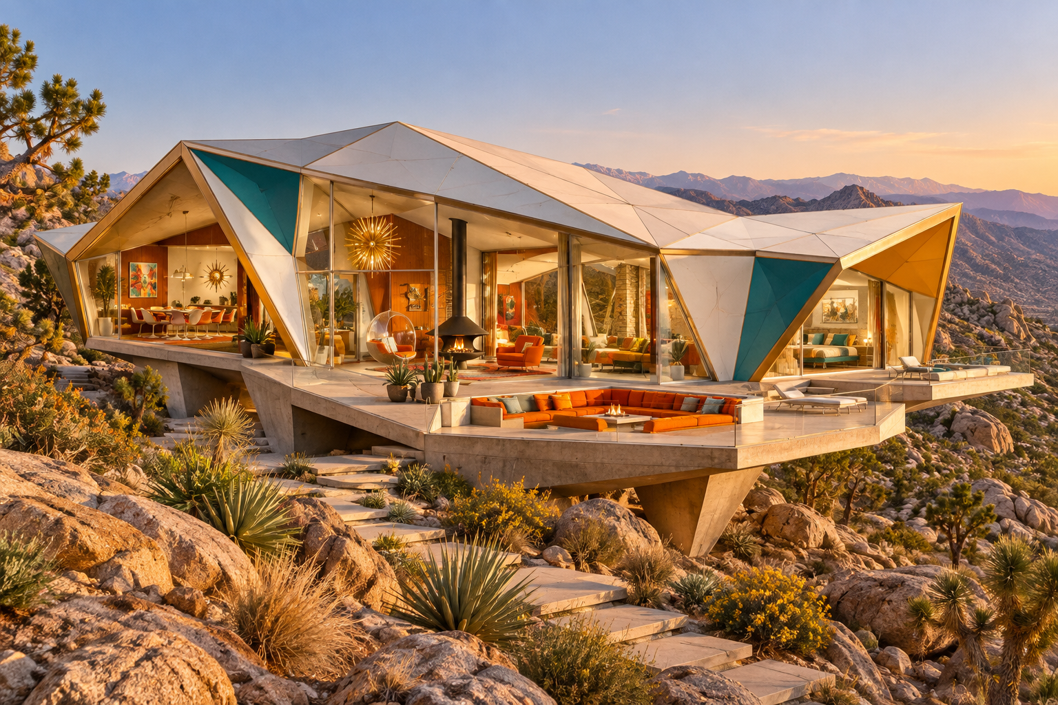 The Prism House: Faceted rooms catch the light across a rocky mountain landscape.