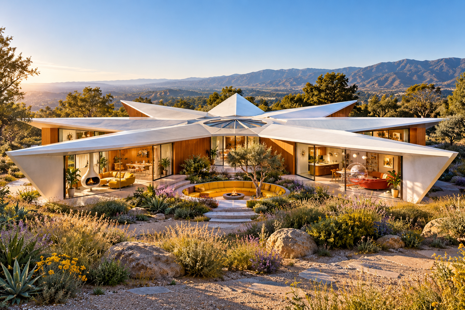 Starburst Courtyard: Six wings gather beneath a radiant roof around a sunken garden room.