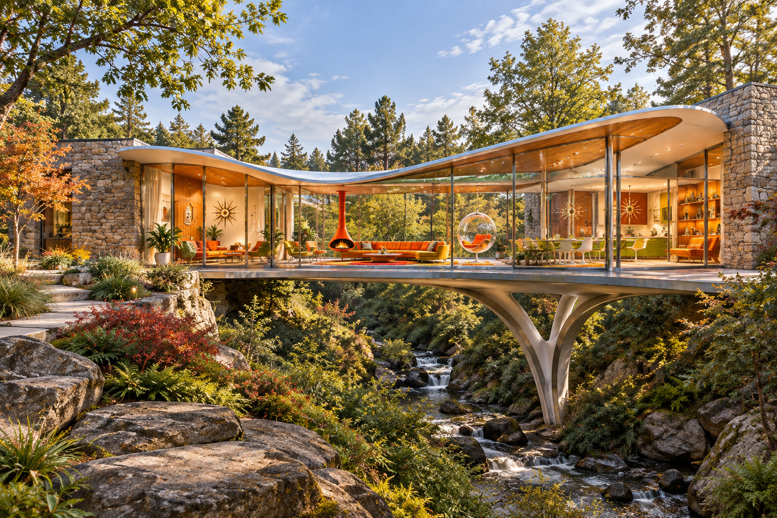 The Suspended Bridge: A glass living room crosses a green ravine between stone garden wings.