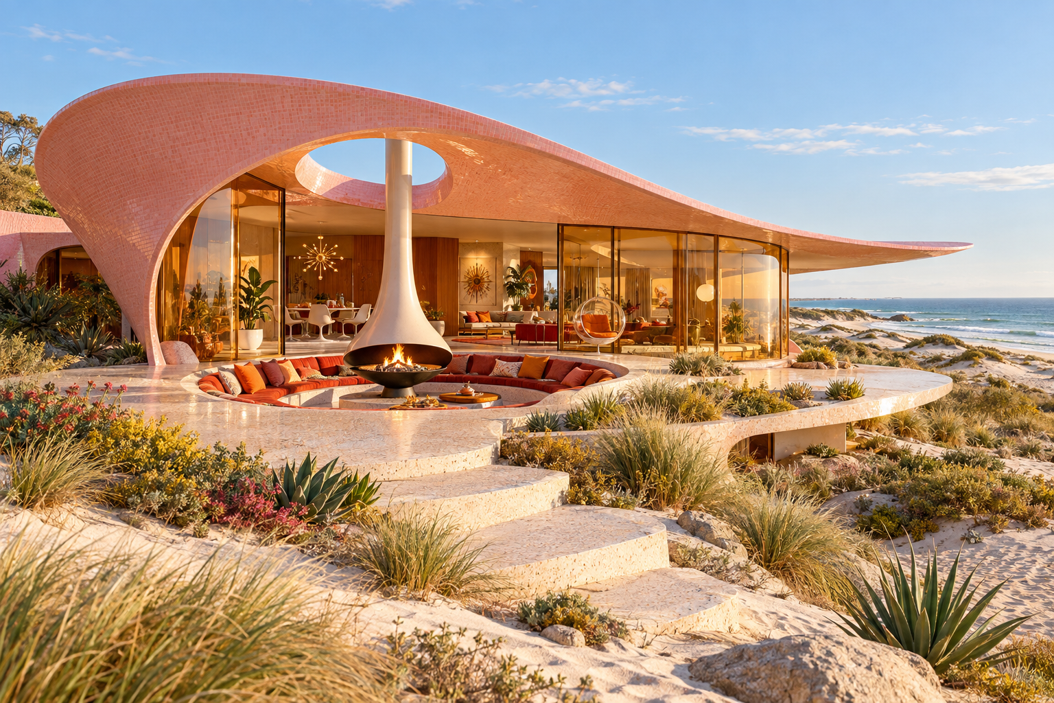 The Terrazzo Dune: A pink shell roof follows the beach into the dune grasses.